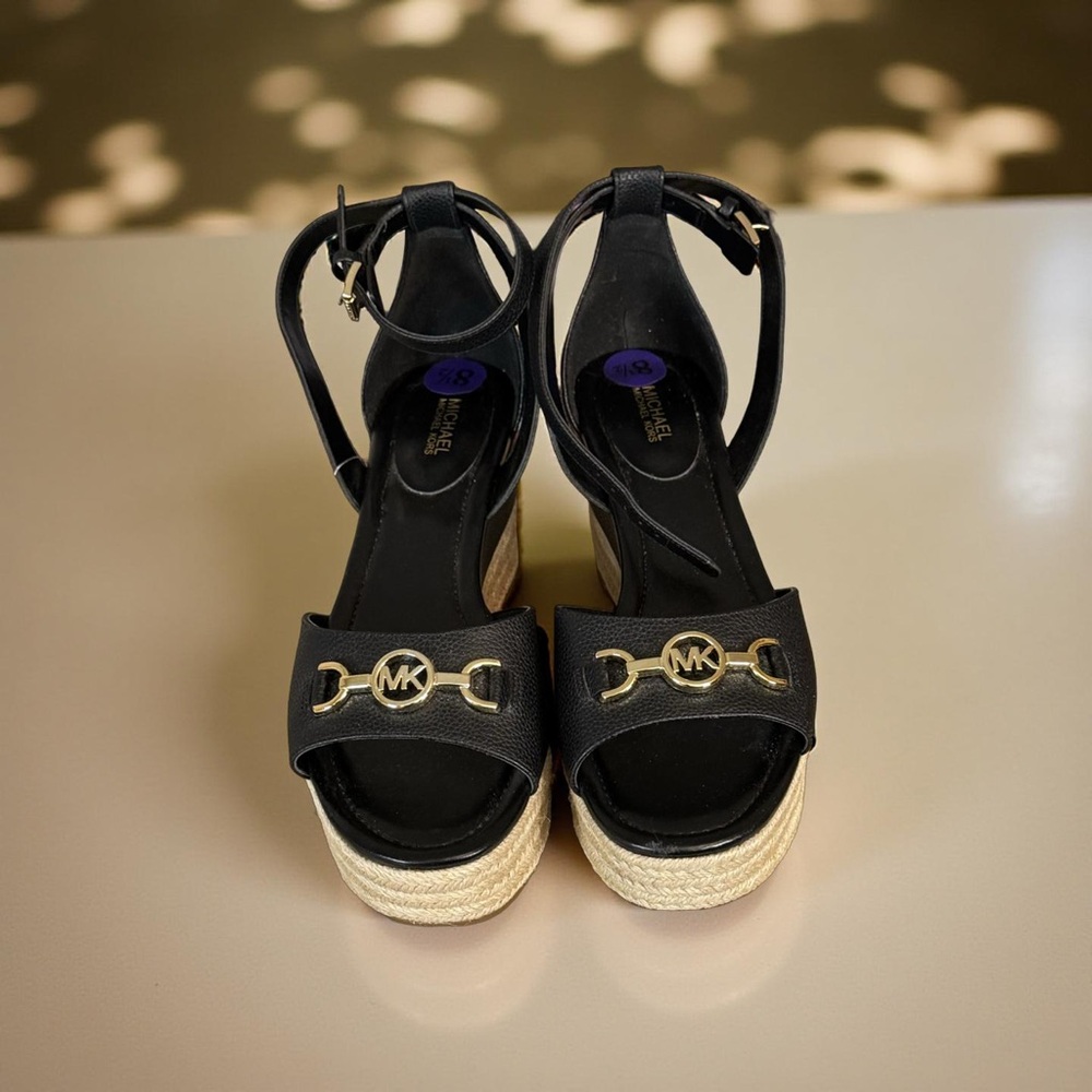 Michael Kors Sz 8.5 Black w/ Gold Hardware Natalie Wedge Espadrille Sandals New